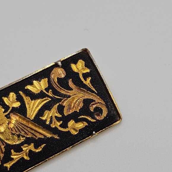 VTG Brooch Gold Plated Black Tone Italian Damascene Floral Bird Rectangular Pin - Picture 6 of 9
